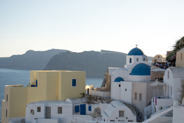 Fototapeta premium Blue dome church in Oia village, Santorini island, Greece. 