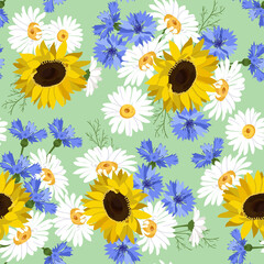 Seamless vector illustration with sunflowers, cornflowers and chamomile.