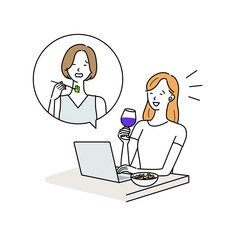 パソコンでオンライン飲み会をする女性