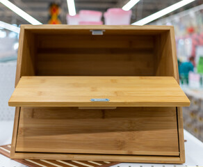 empty open bread box. Made of wood. High quality photo