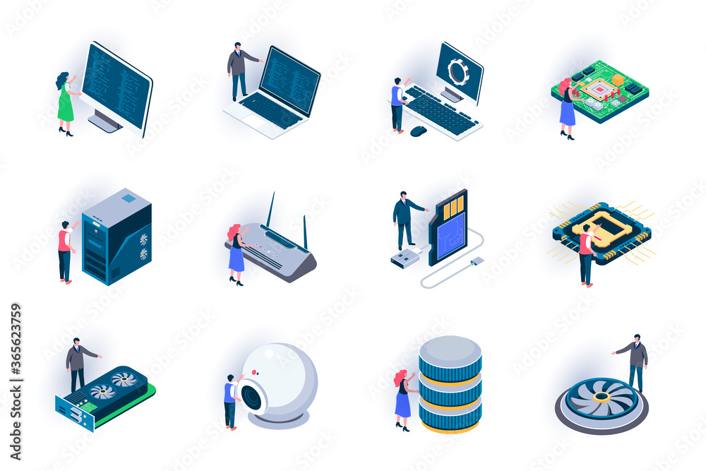 Poster Computer elements isometric icons set. Digital electronics components and computer parts flat vector illustration. Hardware equipment for system unit 3d isometry pictograms with people characters.