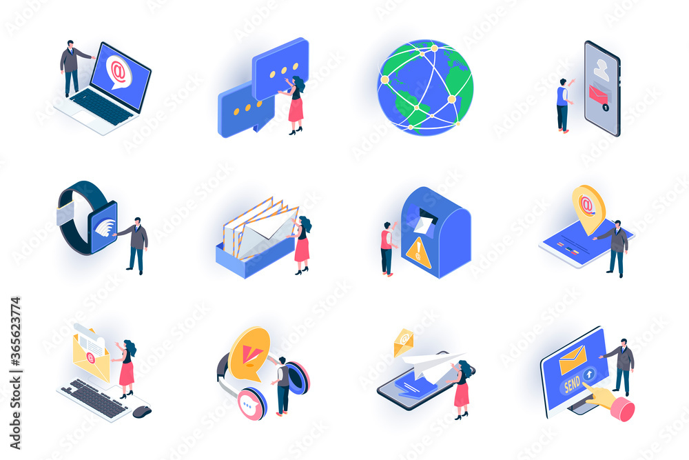 Poster social contacts isometric icons set. people sending email and chatting with digital devices flat vec