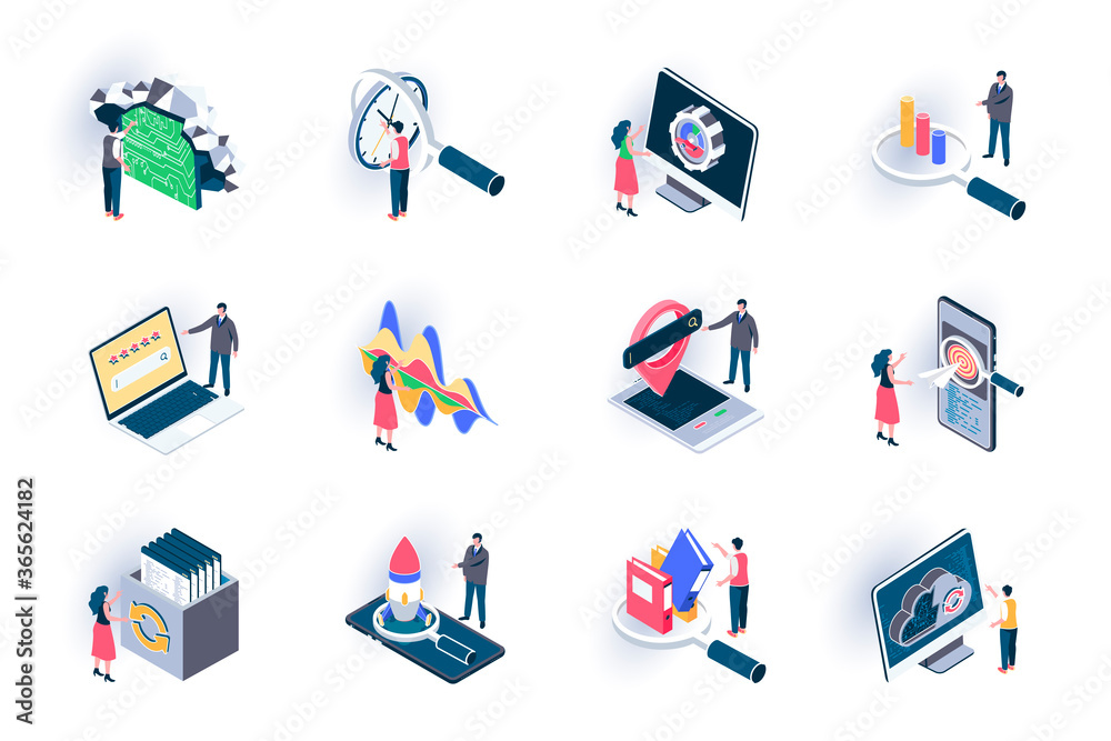 Poster seo optimization isometric icons set. digital marketing, research and strategy planning, traffic ana