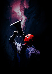 A man in a red ski mask speaks in a megaphone
