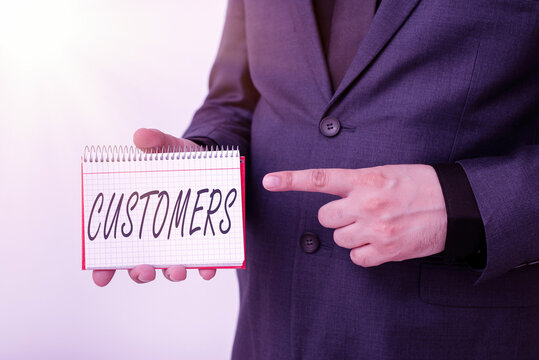 Handwriting text Customers. Conceptual photo individual or organization purchasing products or services Model displaying different empty color notepad mock-up for writing idea