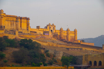 Breathtaking panoramic view of Amber Fort and Amer Palace in the mountains of Jaipur in Rajasthan...