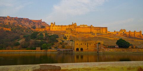 Breathtaking panoramic view of Amber Fort and Amer Palace in the mountains of Jaipur in Rajasthan...