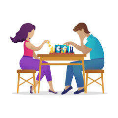 Chess club tournament, family couple leisure activity. Young man and woman sitting at table and playing strategic board game together. Joint pastime during quarantine. Flat vector illustration