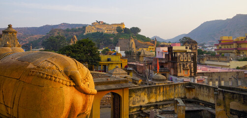 Jagat Shiromani Hindu Temple in Amber near Jaipur in Rajasthan in India during sunrise