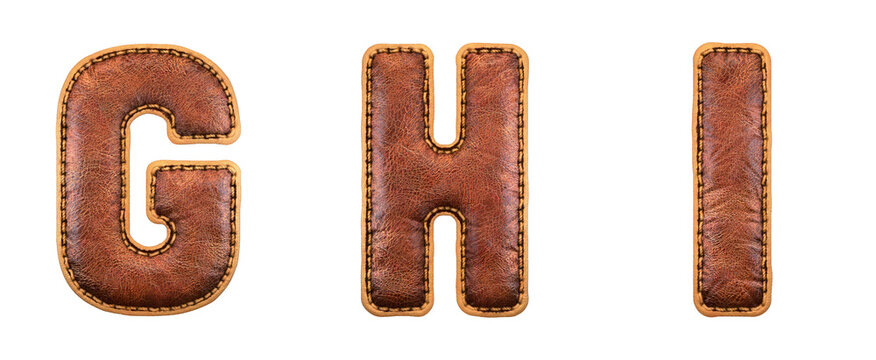 Set of leather letters G, H, I uppercase. 3D render font with skin texture isolated on white background.