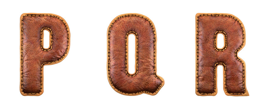 Set of leather letters P, Q, R uppercase. 3D render font with skin texture isolated on white background.