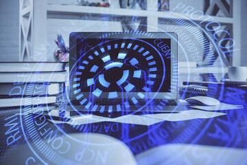 Technology theme drawing and work space with computer. Double exposure. Concept of innovation.