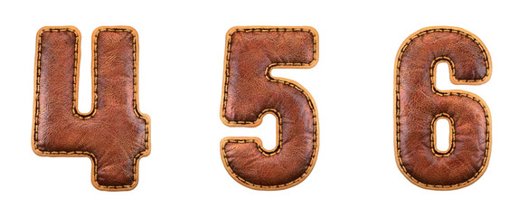 Set of numbers 4, 5, 6 made of leather. 3D render font with skin texture isolated on white background.