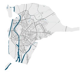 Seville map. Detailed map of Seville city poster with streets, water.