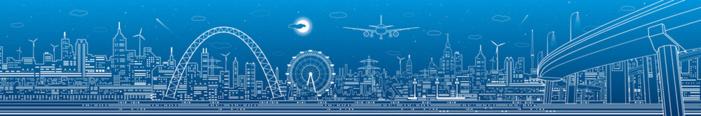Urban panorama. Modern city skyline outline illustration. Illumination highway bridge. Сar overpass. Ferris wheel. Town infrastructure. White lines on blue background. Vector design art