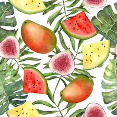 Seamless pattern with watercolor tropical monstera leaves, palm and mango fruits, figs, yellow and red watermelon in high quality and hand drawn