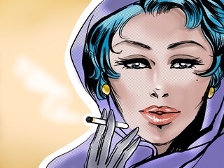 American comics's beautiful woman wearing headscarf who is smoking