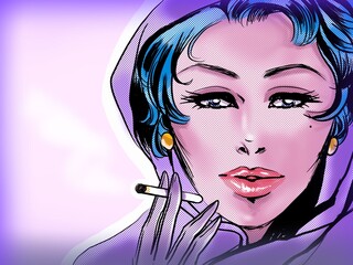 American comics's beautiful  woman wearing headscarf who is smoking