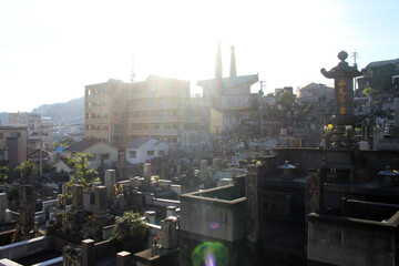 Japanese cemetery complex in hilly Nagasaki with church of 26 martyrs.