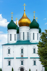 Fototapeta na wymiar Kolomna, Russia, July 2020. Ancient architecture in Russian city Kolomna. Historical and cultural heritage. Assumption Cathedral built in 1379 year