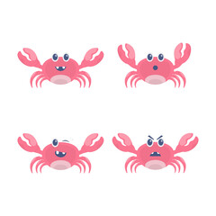 illustration of a collection of crab characters with various expressions. expression of anger, surprise, delight, and blink. flat designs. can be used for elements, landing pages, UI, web sites.