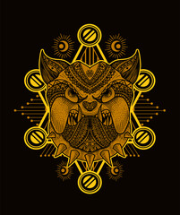 Fototapeta premium Illustration vector Dog head mandala tribal style with sacred geometry on black background.