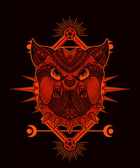 Illustration vector Dog head mandala tribal style with sacred geometry on black background.