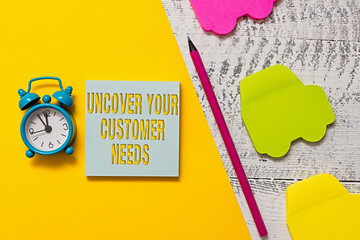 Text sign showing Uncover Your Customer Needs. Business photo showcasing reveal product and present...