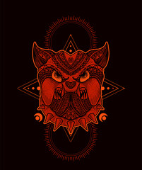 Fototapeta premium Illustration vector Dog head mandala tribal style with sacred geometry on black background.