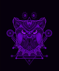 Illustration vector Dog head mandala tribal style with sacred geometry on black background.