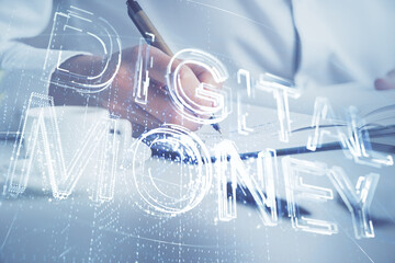 Man's hands working with notes background. Cryptocurrency and finance concept.