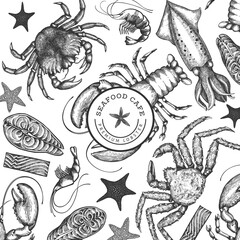 Seafood design template. Hand drawn vector seafood illustration. Engraved style food banner. Retro sea animals background