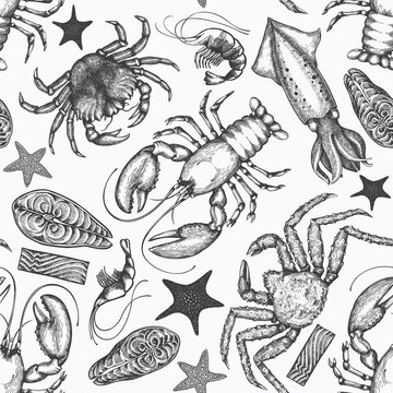 Seafood seamless pattern. Hand drawn vector seafood illustration. Engraved style food banner. Vintage sea animals background