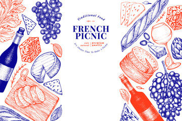 French food illustration design template. Hand drawn vector picnic meal illustrations. Engraved style different snack and wine banner. Vintage food background.