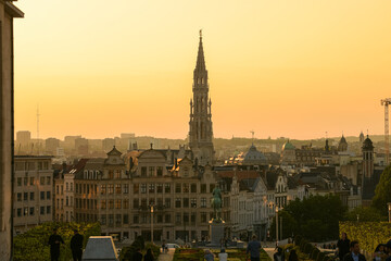 Brussels / Belgium - 2020: Amazing summer sunset at Garden of the Mont des Arts square with view over the city centre and Grand Place