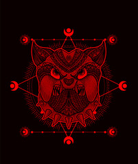 Illustration vector Dog head mandala tribal style with sacred geometry on black background.