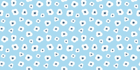 Cute white, large flowers on pastel blue light background. Floral seamless pattern with texture.