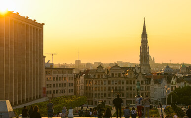 Brussels / Belgium - 2020: Amazing summer sunset at Garden of the Mont des Arts square with view over the city centre and Grand Place