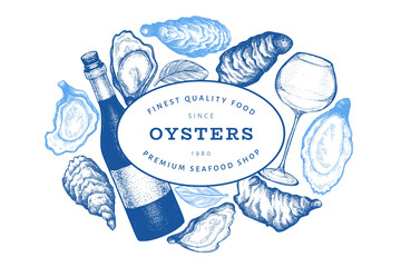 Oysters and wine design template. Hand drawn vector illustration. Seafood banner. Can be used for design menu, packaging, recipes, label, fish market, seafood products.