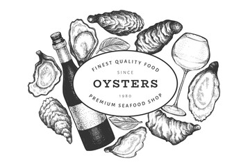 Oysters and wine design template. Hand drawn vector illustration. Seafood banner. Can be used for design menu, packaging, recipes, label, fish market, seafood products.