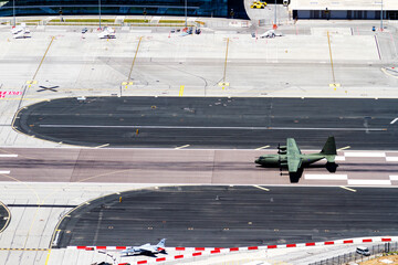 Gibraltar airport runway and La Linea de la Concepcion in Spain, southern Andalucia region, Cadiz...
