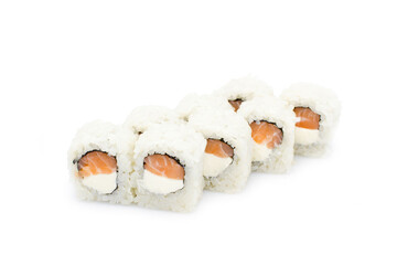 Side view of Japanese sushi roll with raw salmon and Philadelphia cream cheese wrapped in nori seaweed and rice isolated. Close-up Asian dish, isolation on white
