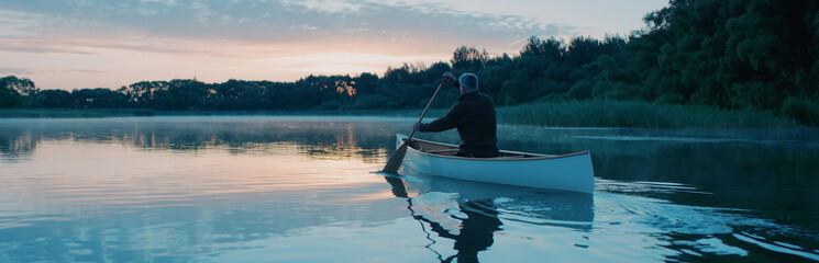 Man canoeing in a traditional wooden boat on a large lake at dawn