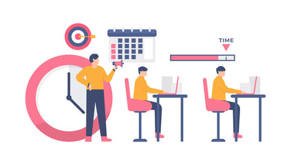 the concept of chasing deadlines and targets, superiors and subordinates. illustration of a boss using megaphones to encourage his employees. flat design. can be used for elements, landing pages, UI