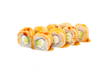 Japanese Sushi Roll with avocado, Philadelphia cream cheese and salmon Tataki on top. isolated on white background. Menu isolation. Asian Dish served with sauce

