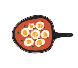 Shakshouka cartoon illustration. Dish of eggs poached in a sauce of tomatoes in a frying pan on the white background. Hand drawn textured food spot illustration