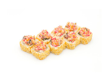 Japanese Volcano Sushi Roll with sesame seeds isolated on white background. Asian food with salmon, Unagi eel and  flying fish roe (tobiko caviar) on top. Menu dish isolation.
