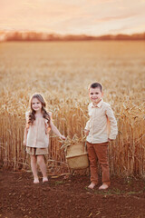 Happy boy and girl, brother and sister in wheat field at sunset harvest