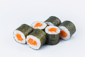 Side view of Japanese Sake Maki Roll with salmon and rice wrapped in nori seaweed. Close-up of asian traditional dish isolated on gray background. Isolation menu image
