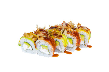 Japanese Sushi Roll with avocado and Philadelphia cream cheese isolated on white background. Asian dish with eel on top served with tuna chips (Bonito) and Unagi sauce. Single object
